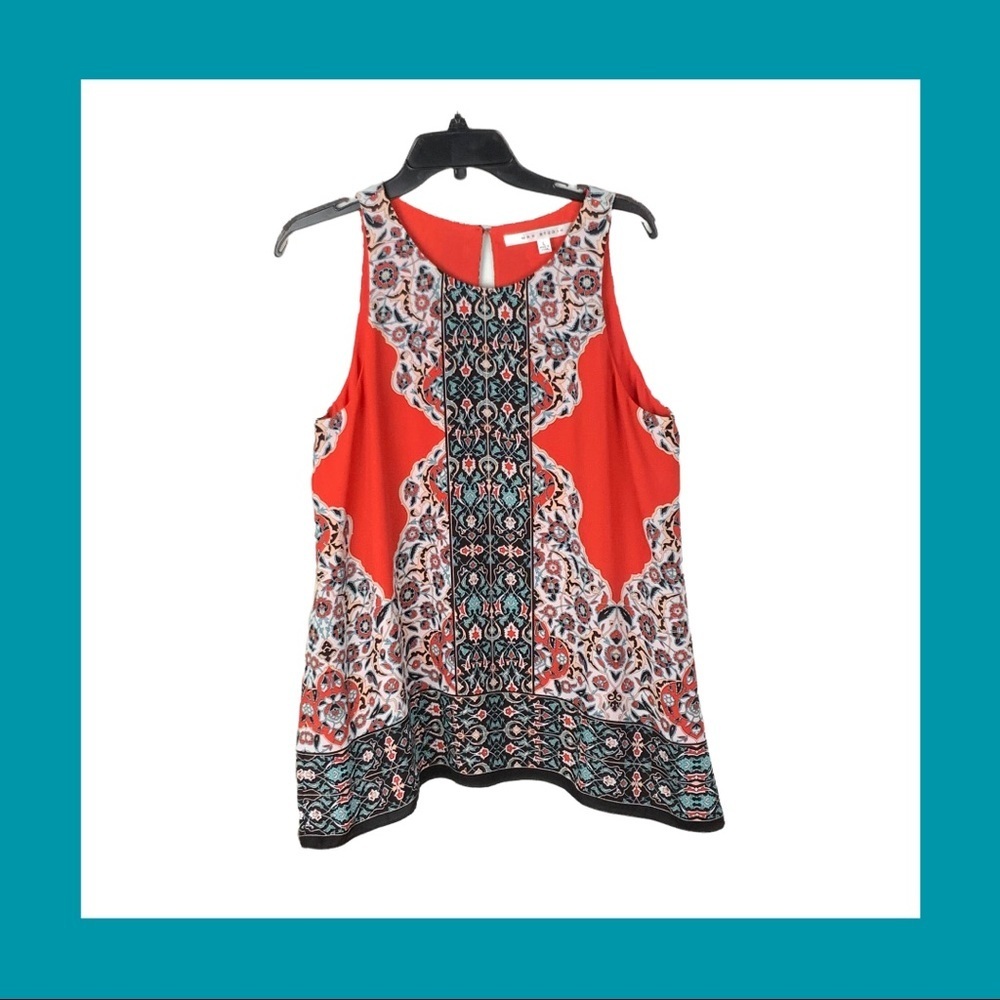 Max Studio Dark Orange & Multicolored Designs Lined Sleeveless Blouse Wm L